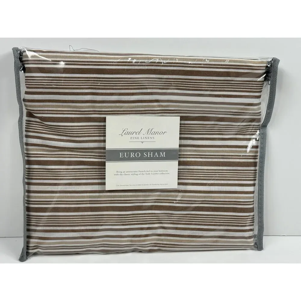 New Set of 2 Laurel Manor Fine Linens Toile Garden Taupe Brown Stripe Euro Sham